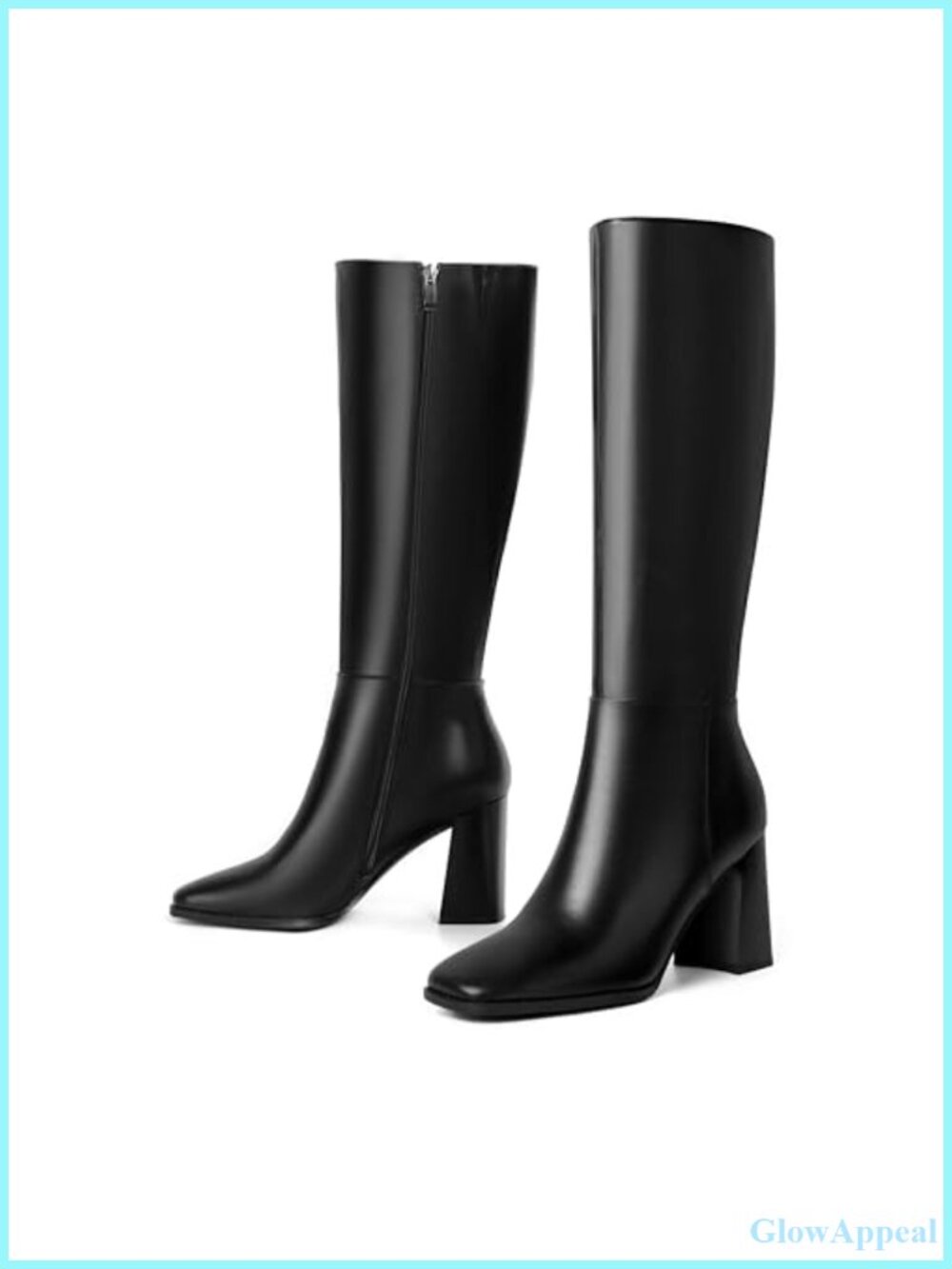 Square Toe Knee High Boots Faux Leather Chunky Heel Tall Dress Boots